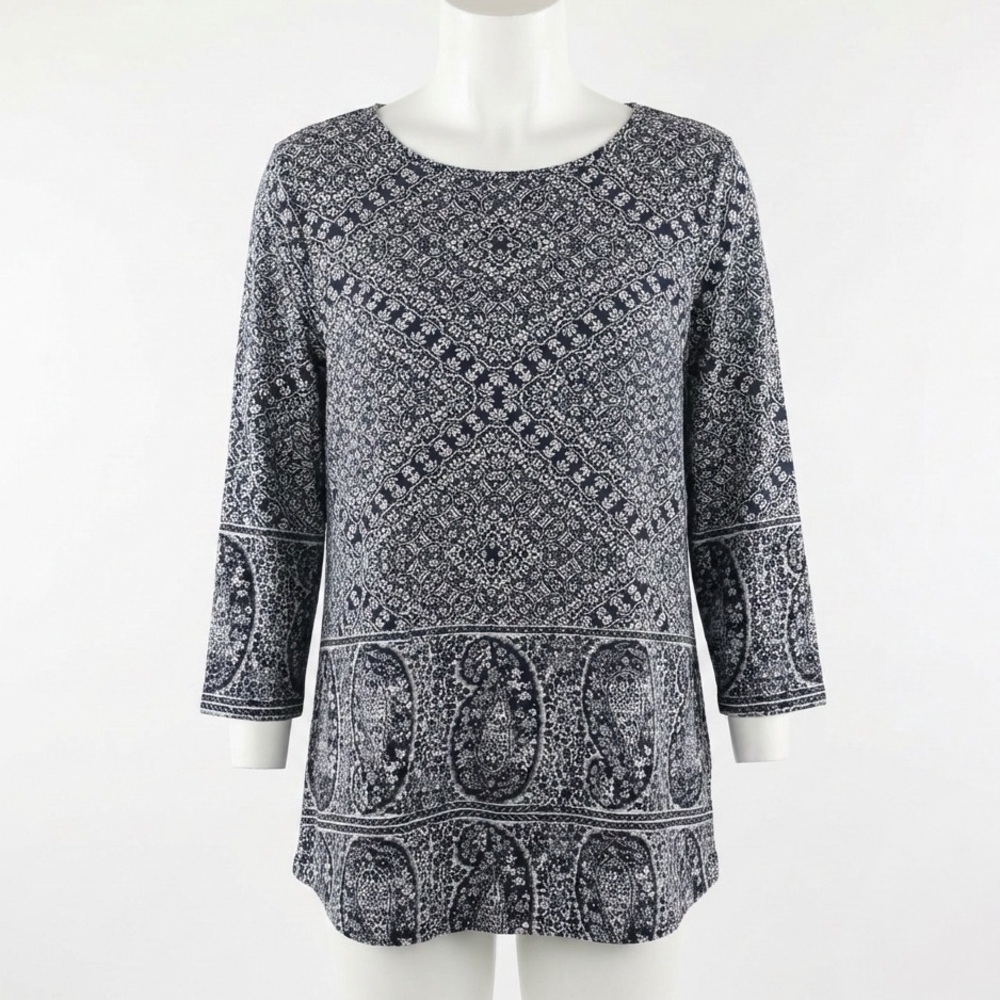 Lucky Brand Top 1X Black White Paisley Geometric Border Print Boho 3/4 Sleeve